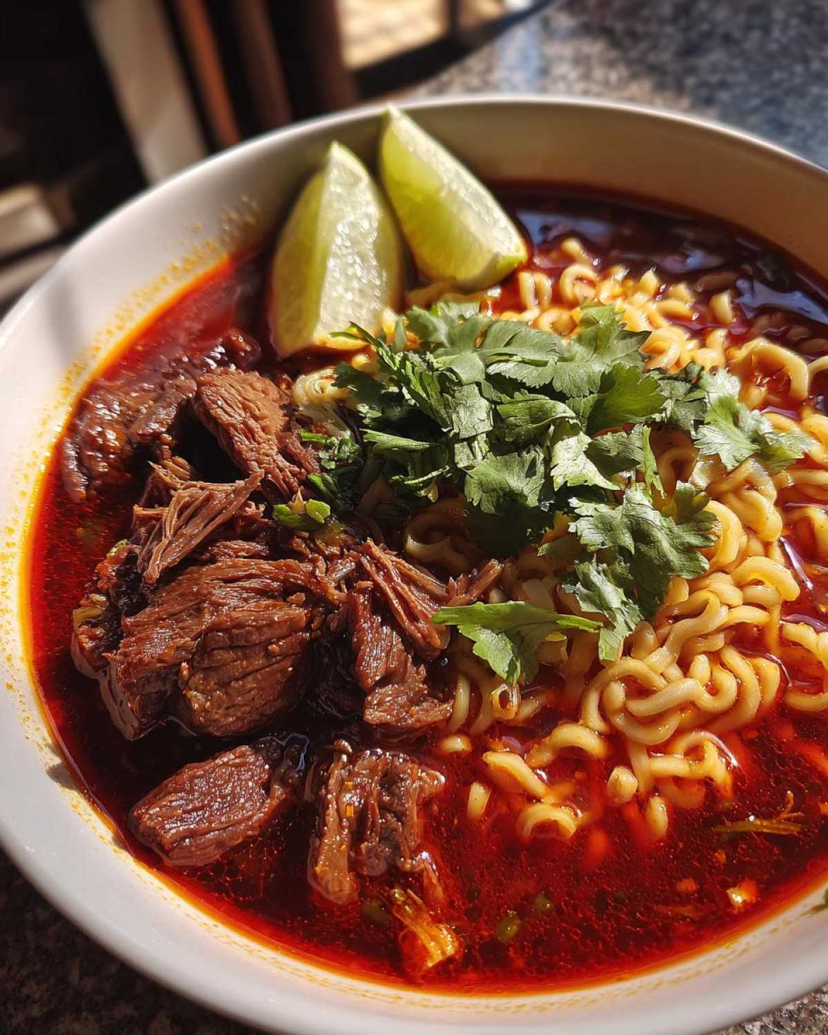 Close-up of a bowl of birria ramen with shredded beef, noodles, cilantro, and lime wedges.