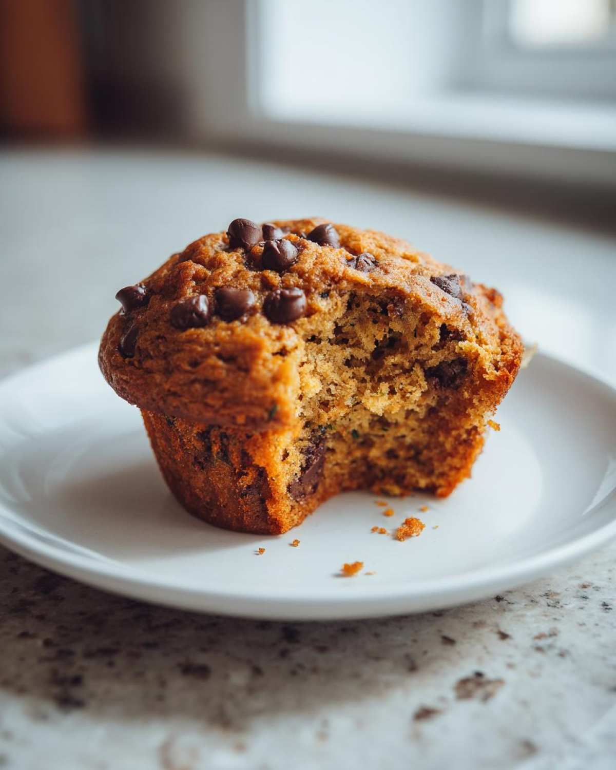 A close-up of a bitten zucchini muffin with chocolate chips on a white plate, showing its moist interior.