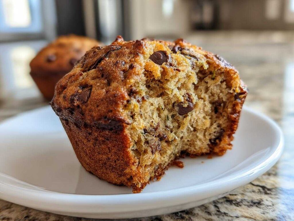Close-up of a bitten zucchini muffin with visible chocolate chips and green zucchini flecks, on a white plate.