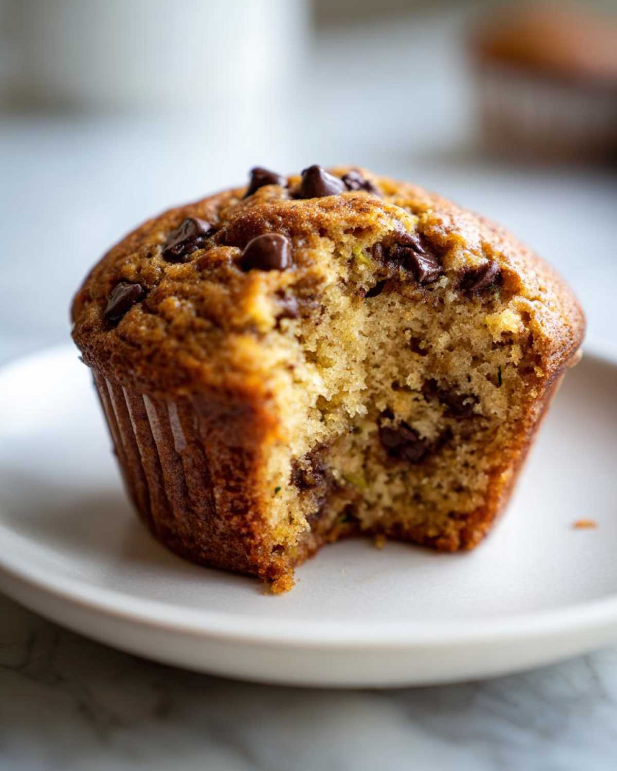 Close-up of a single zucchini muffin with chocolate chips, showing a bite taken out of it, revealing the moist interior.