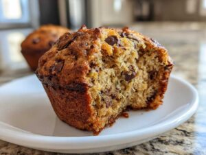 Close-up of a bitten zucchini muffin with visible chocolate chips and green zucchini flecks, on a white plate.