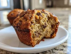 Close-up of a bitten zucchini muffin with visible chocolate chips and green zucchini flecks, on a white plate.