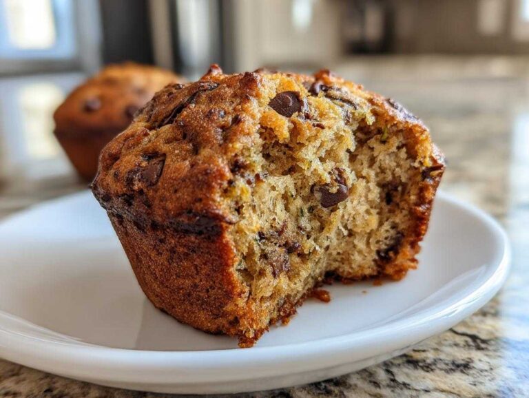 Close-up of a bitten zucchini muffin with visible chocolate chips and green zucchini flecks, on a white plate.