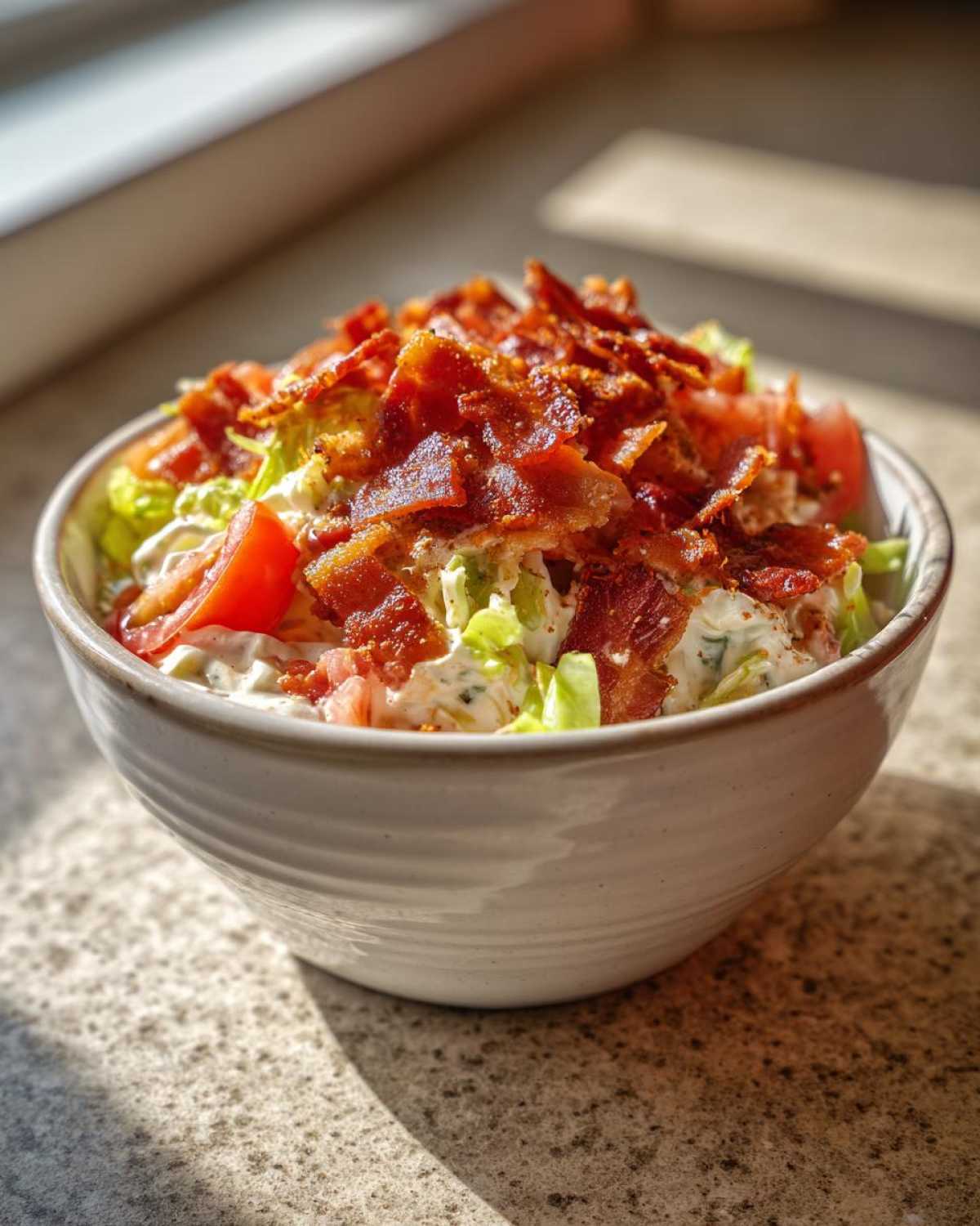 A close-up of a white bowl filled with creamy blt dip, topped with crispy bacon bits, chopped lettuce, and diced tomatoes.