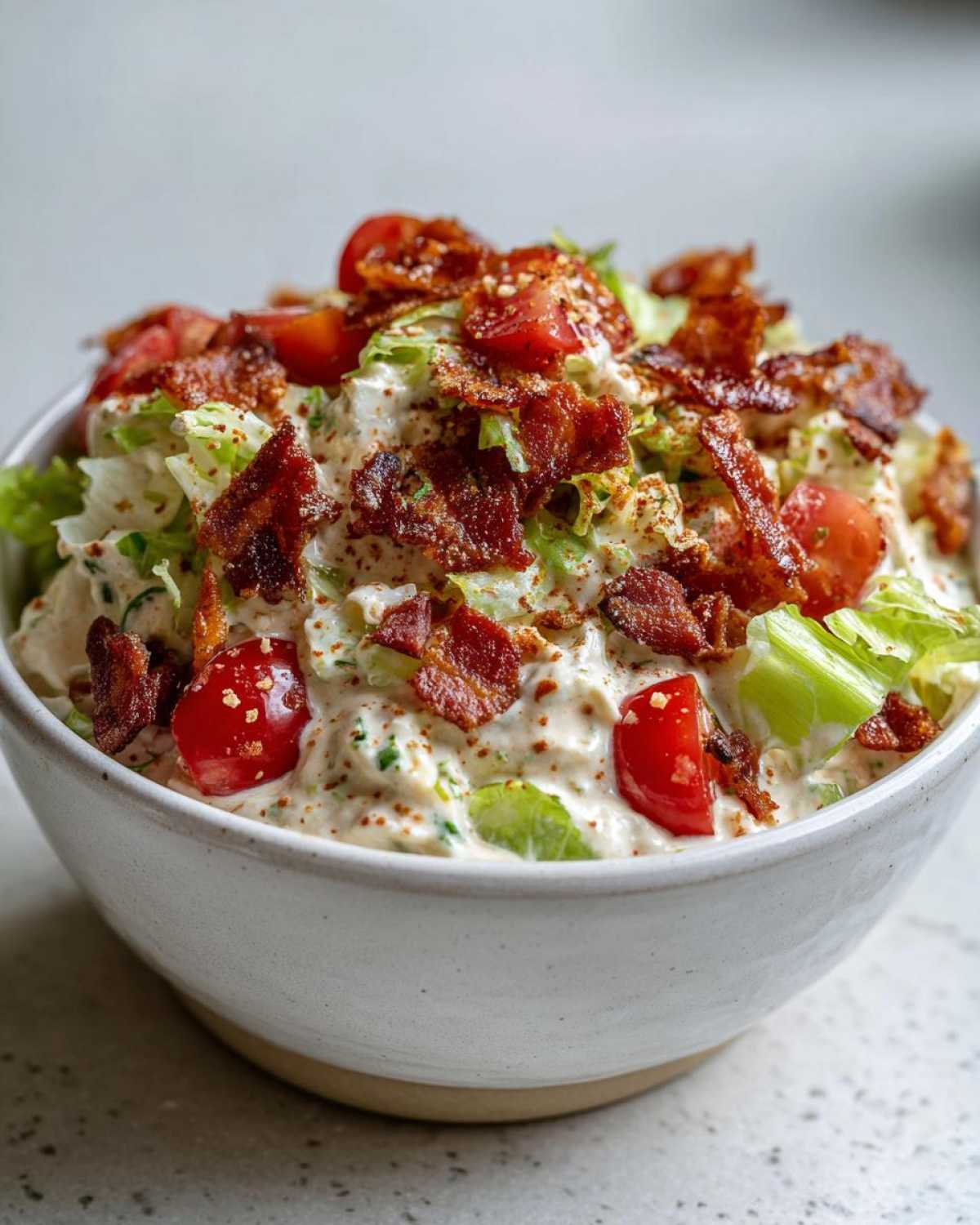 A close-up shot of a creamy blt dip in a white bowl, topped generously with crispy bacon bits, chopped lettuce, and cherry tomato halves.
