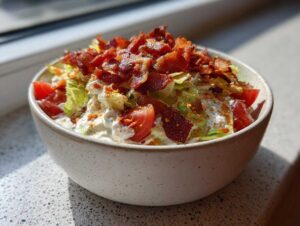 A close-up of a bowl filled with creamy BLT dip, topped with crispy bacon bits, chopped lettuce, and diced tomatoes.