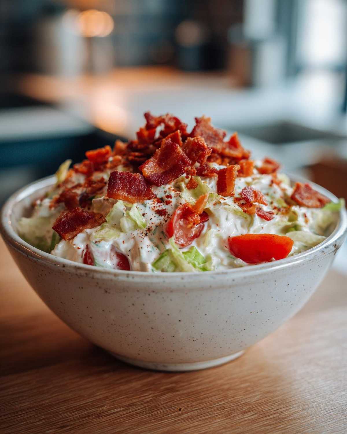 Close-up of a bowl of creamy blt dip topped with crispy bacon bits, chopped lettuce, and cherry tomato halves.
