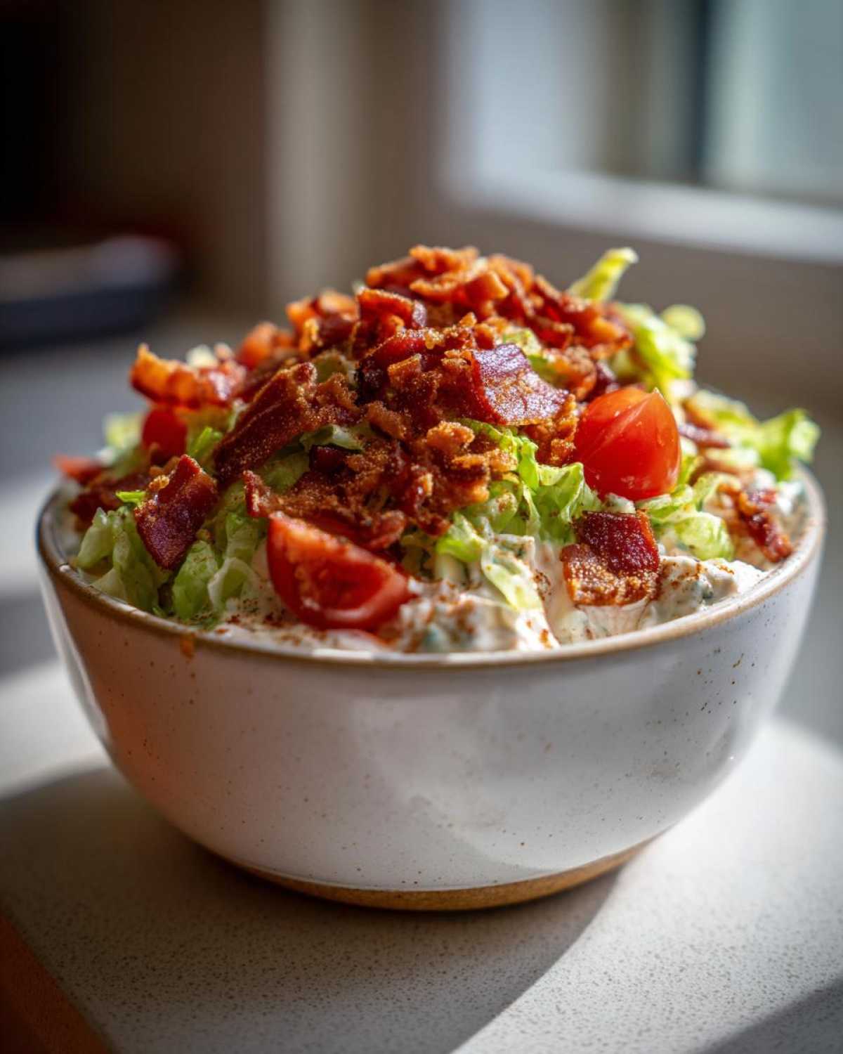 A close-up shot of a white bowl filled with a creamy blt dip, topped generously with crispy bacon bits, chopped lettuce, and halved cherry tomatoes.