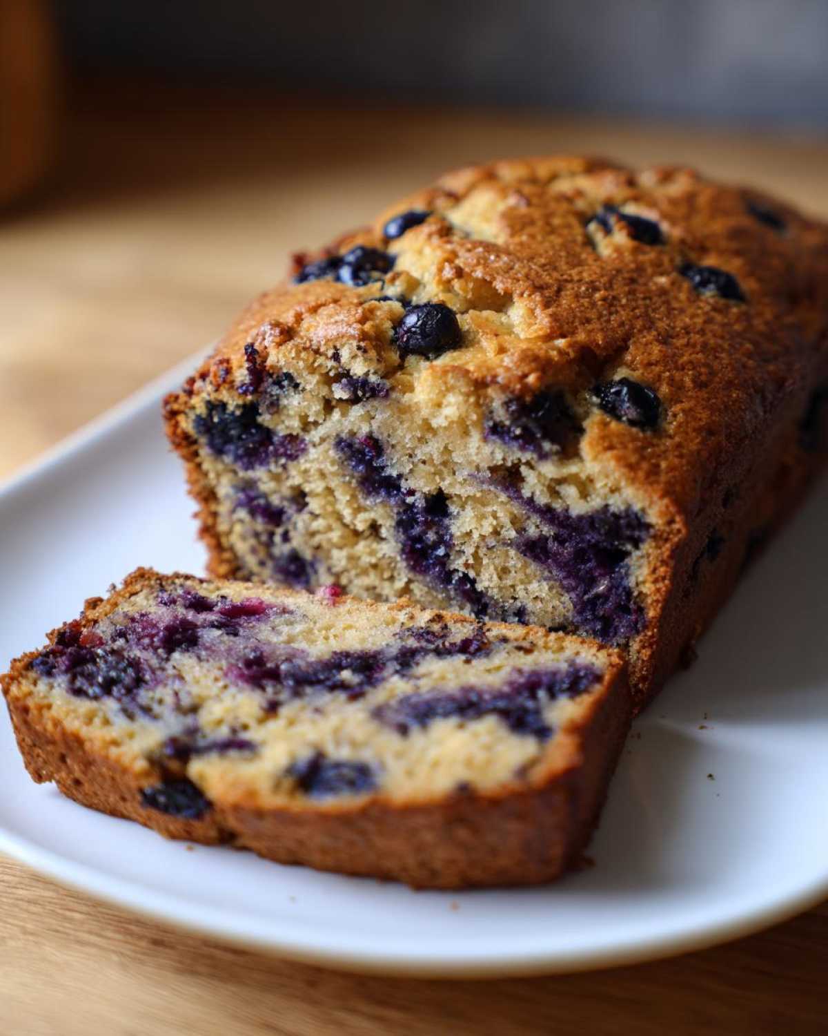 A golden-brown loaf of blueberry zucchini bread on a white platter with one slice cut and showing the moist interior.