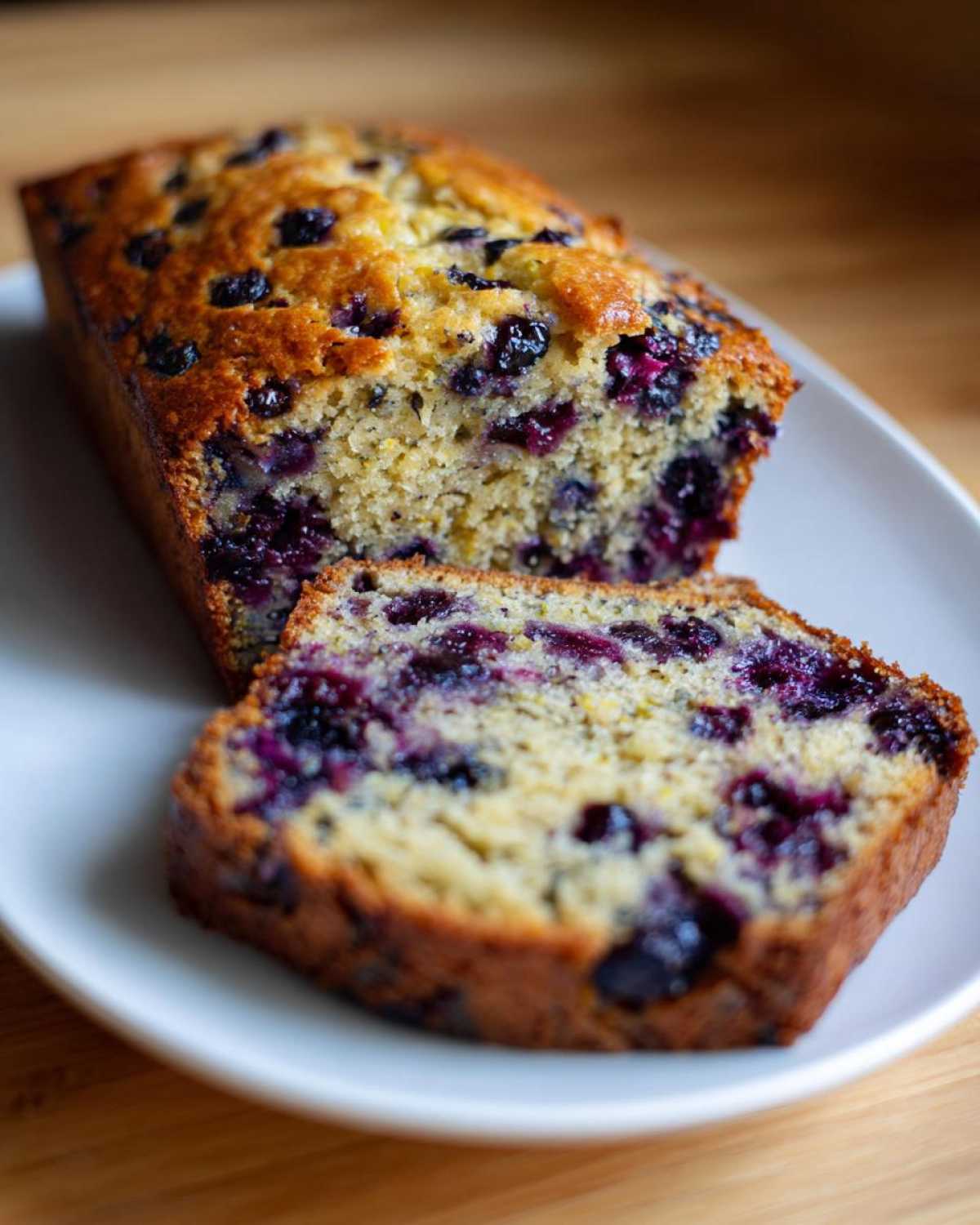A whole loaf of golden-brown blueberry zucchini bread with one slice cut, showing the moist interior and vibrant blueberries.