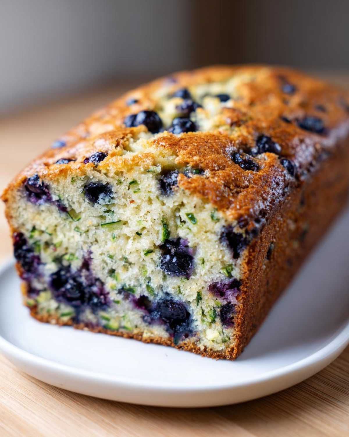 A close-up of a golden-brown loaf of blueberry zucchini bread on a white plate, showing blueberries and green zucchini flecks.