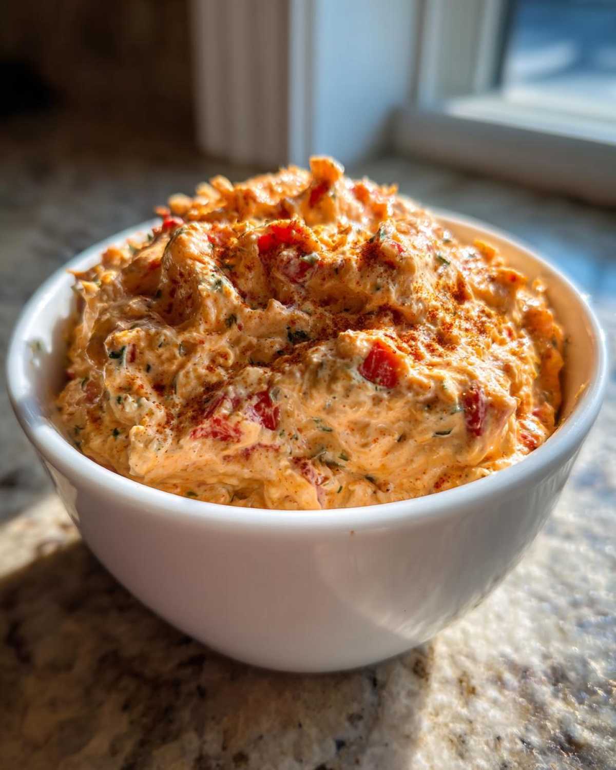 A close-up shot of a white bowl filled with creamy Boat dip rotel ranch dip, garnished with red spices.