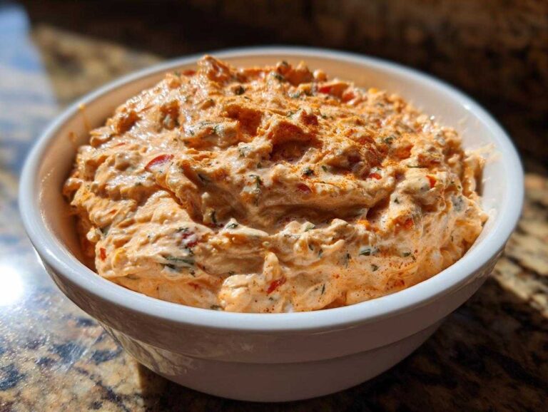 A close-up of a white bowl filled with creamy orange Boat dip Rotel ranch dip, garnished with herbs and spices.