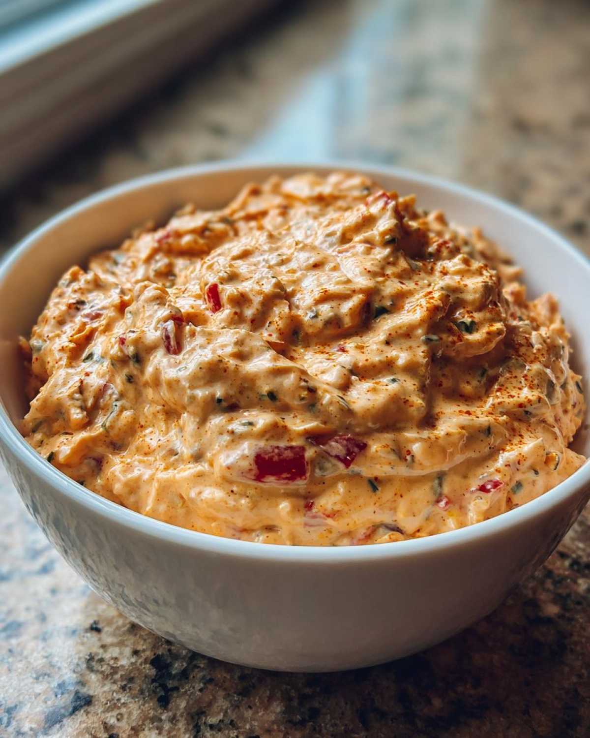 A close-up view of a white bowl filled with creamy orange Boat dip rotel ranch dip, showing red pepper pieces and green herbs.