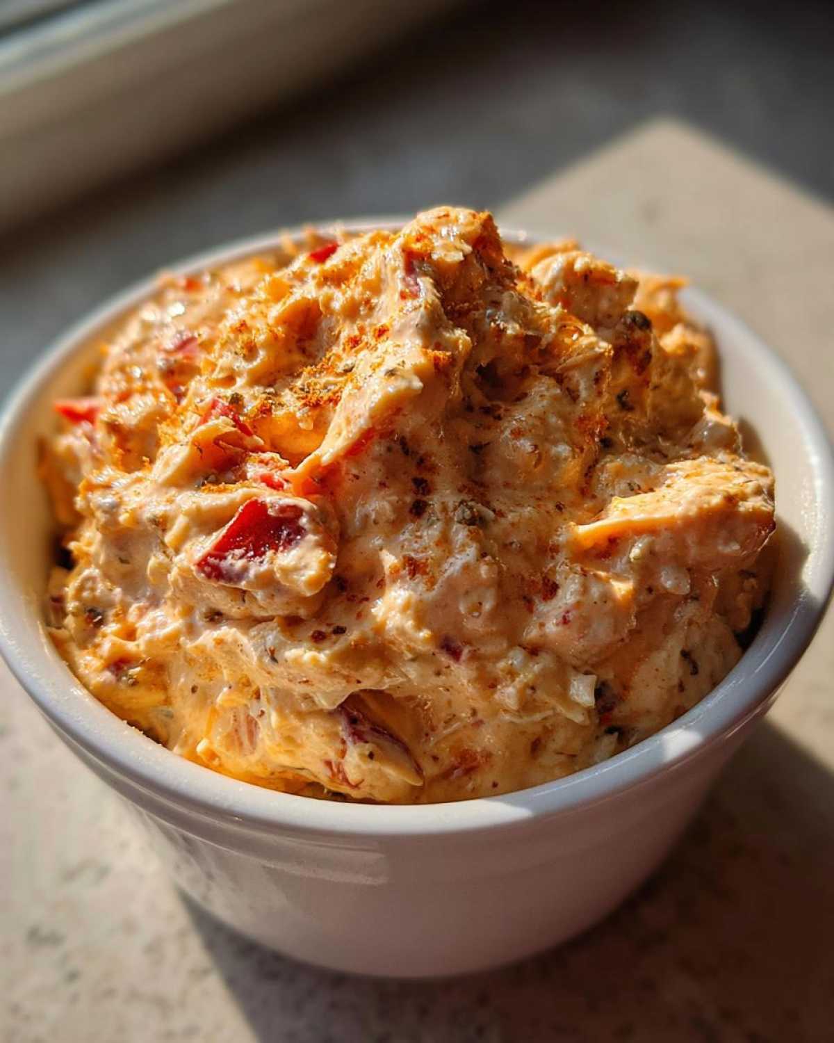 A close-up shot of a white bowl filled with creamy Boat dip rotel ranch dip, garnished with spices, in natural light.
