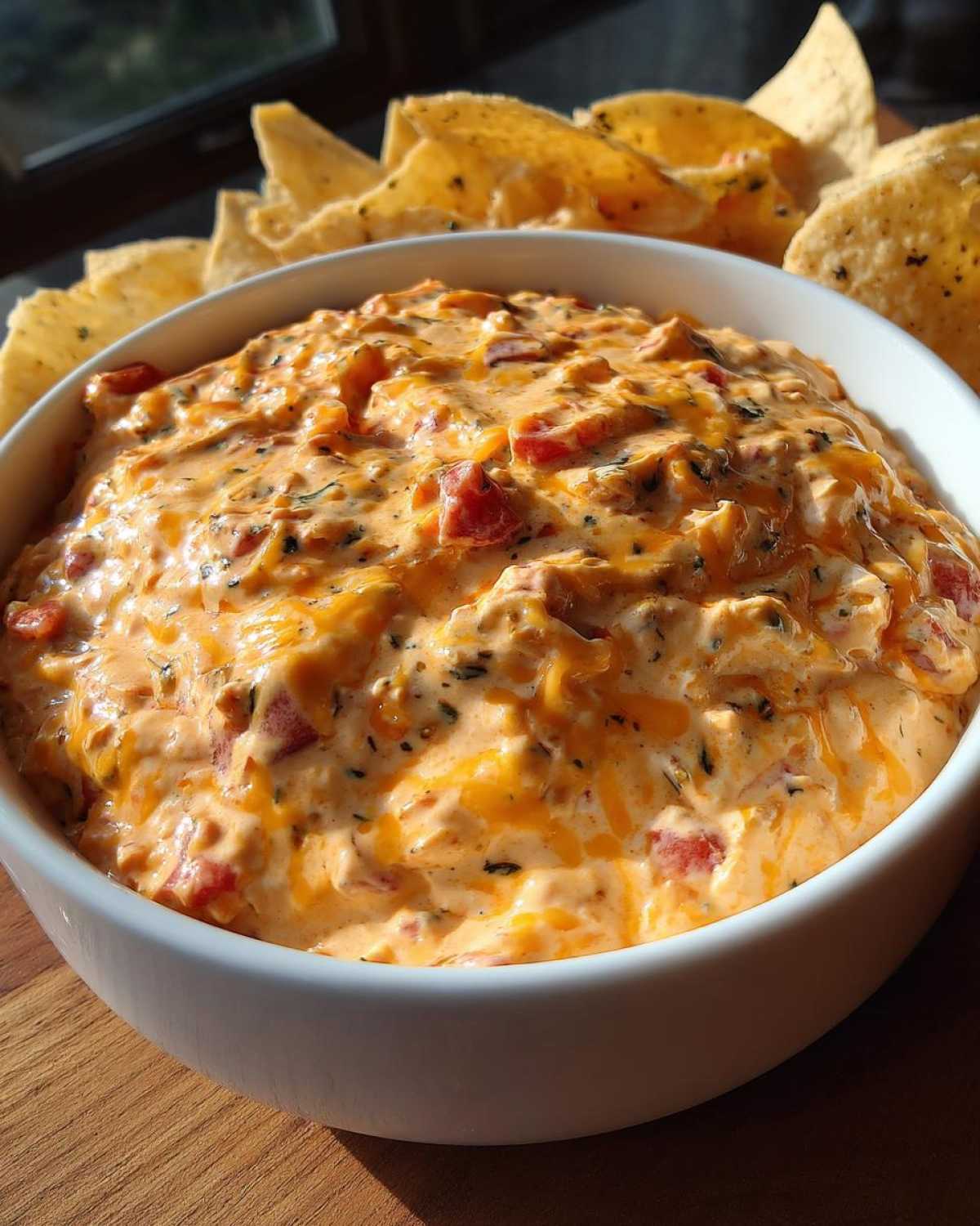 A white bowl filled with creamy orange boat dip, featuring visible pieces of red tomato and green herbs, surrounded by tortilla chips.