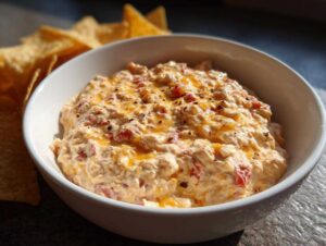 A white bowl filled with creamy Boat dip, topped with melted cheese and black pepper, with tortilla chips in the background.