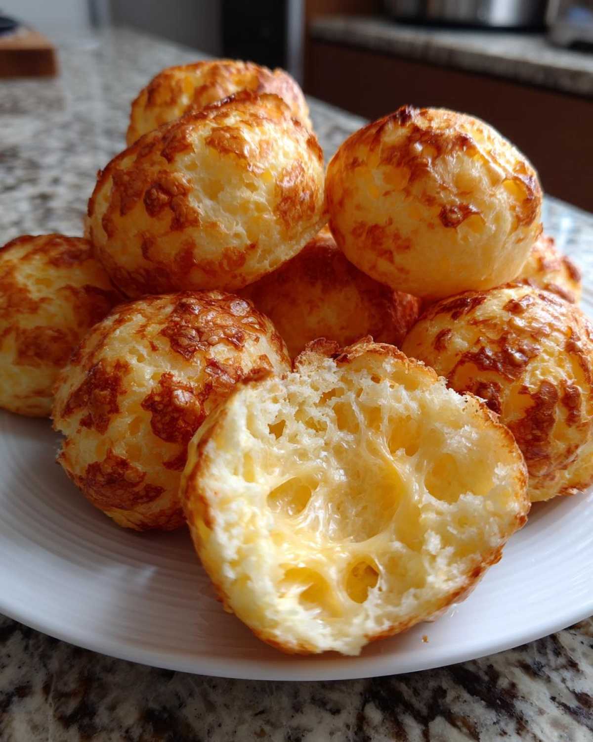 A pile of golden-brown Brazilian cheese bread (pão de queijo) on a white plate, with one cut open to show the gooey, cheesy interior.