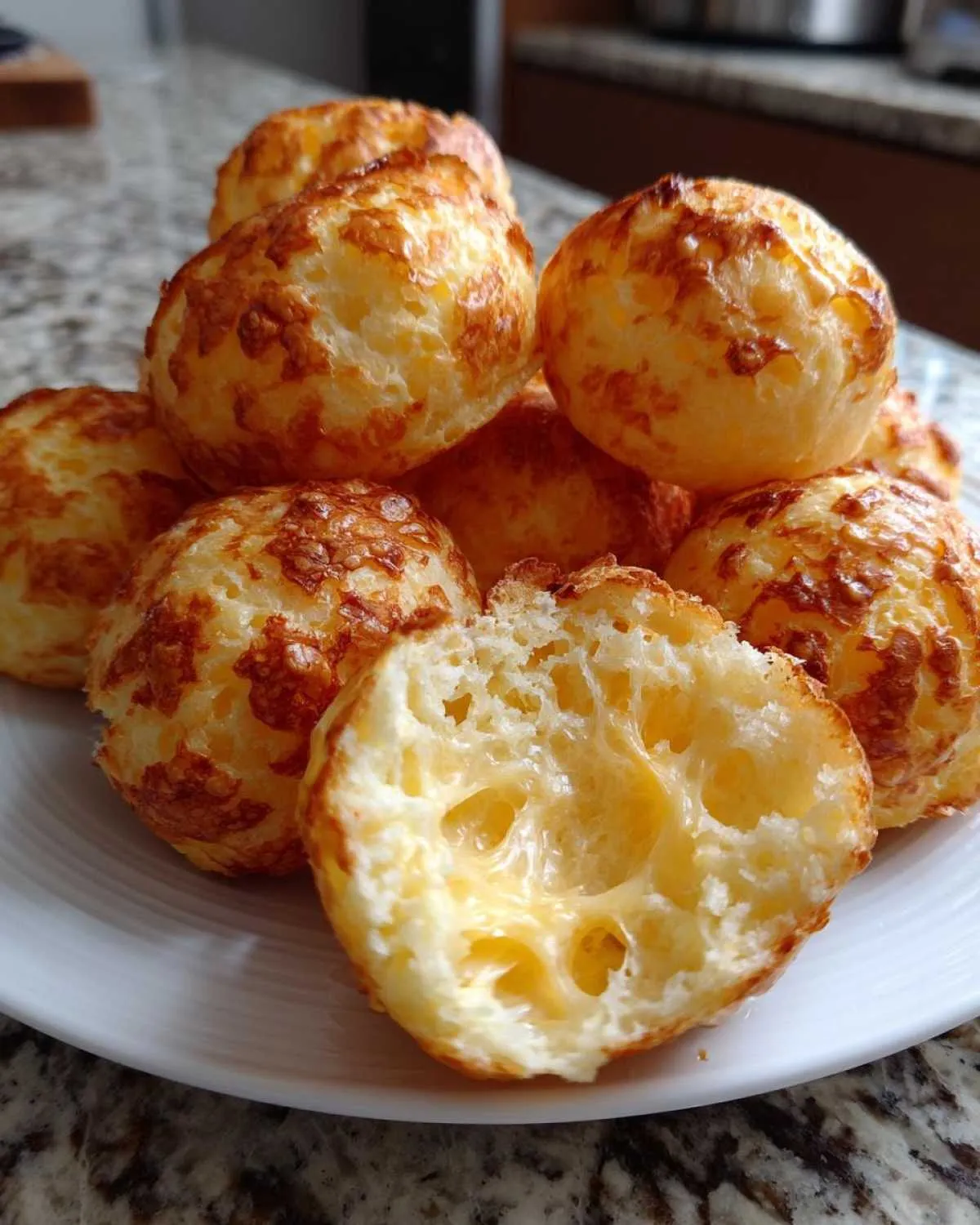A pile of golden-brown Brazilian cheese bread (pão de queijo) on a white plate, with one cut open to show the gooey, cheesy interior.