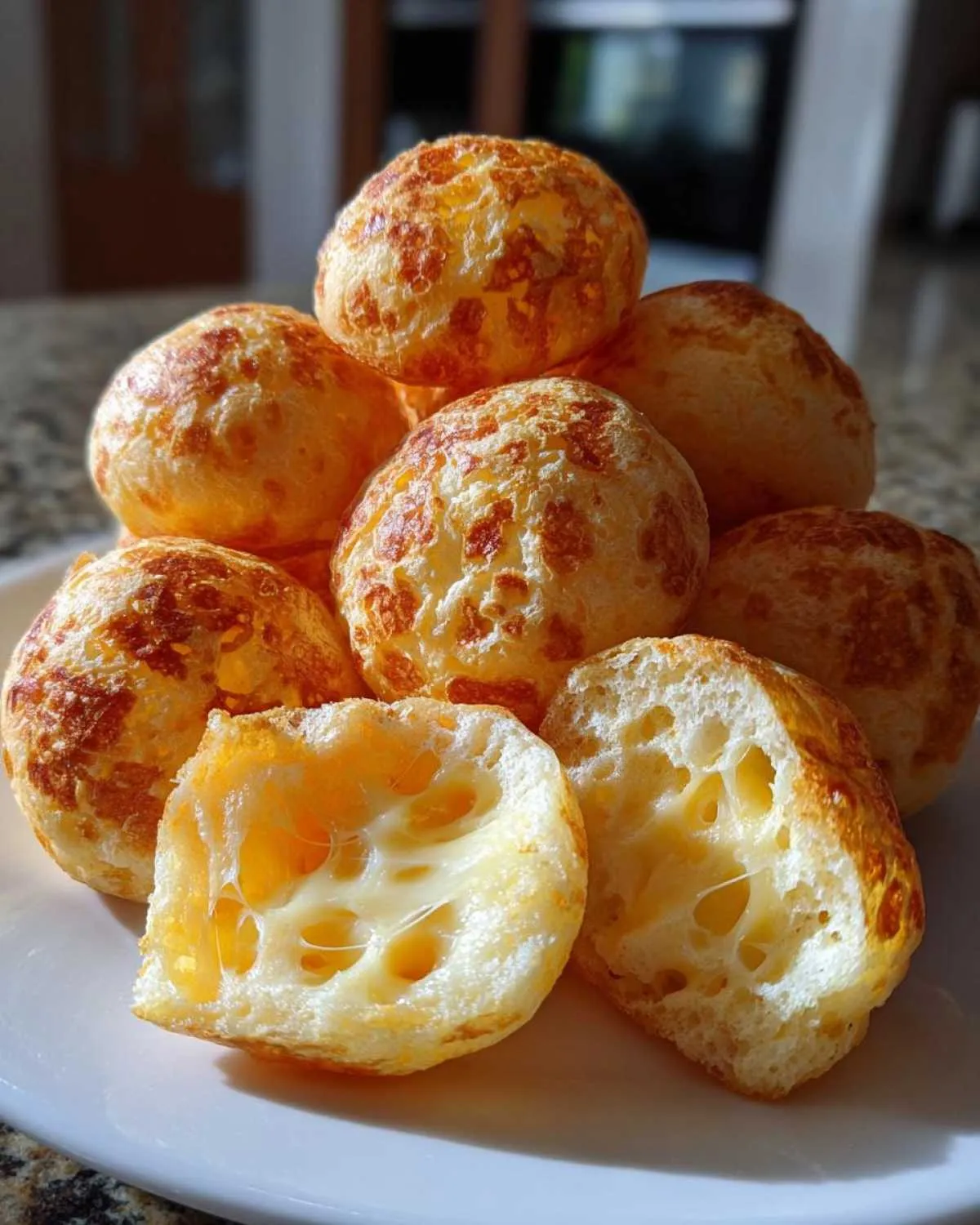 A pile of golden-brown Brazilian cheese bread (pão de queijo) on a white plate, with one cut open revealing stretchy melted cheese inside.