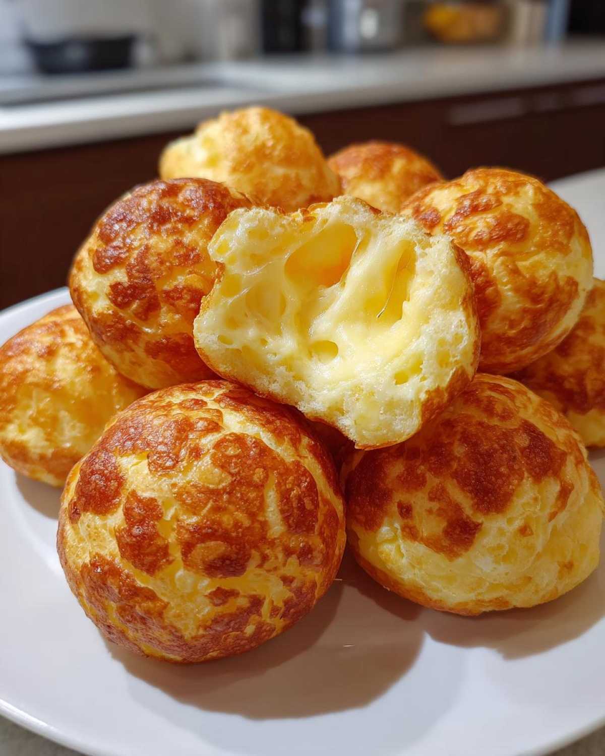 A pile of golden-brown Brazilian cheese bread on a white plate, with one bread broken open to show its soft, cheesy interior.