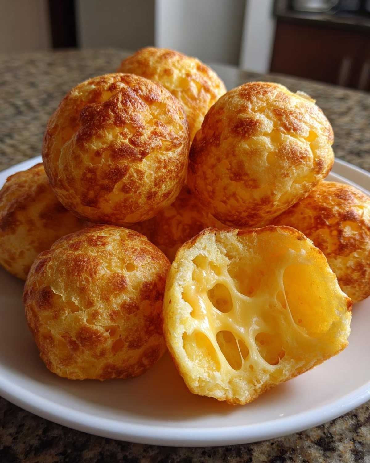 A pile of golden-brown Brazilian cheese bread (pão de queijo) on a white plate, with one cut open revealing gooey, stretchy cheese inside.