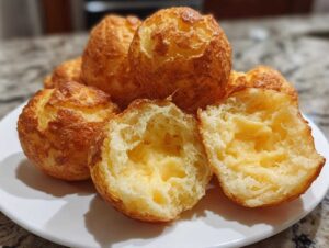 A close-up of golden-brown Brazilian cheese bread (Pão de Queijo) on a white plate, with one cut open revealing its soft, cheesy interior.