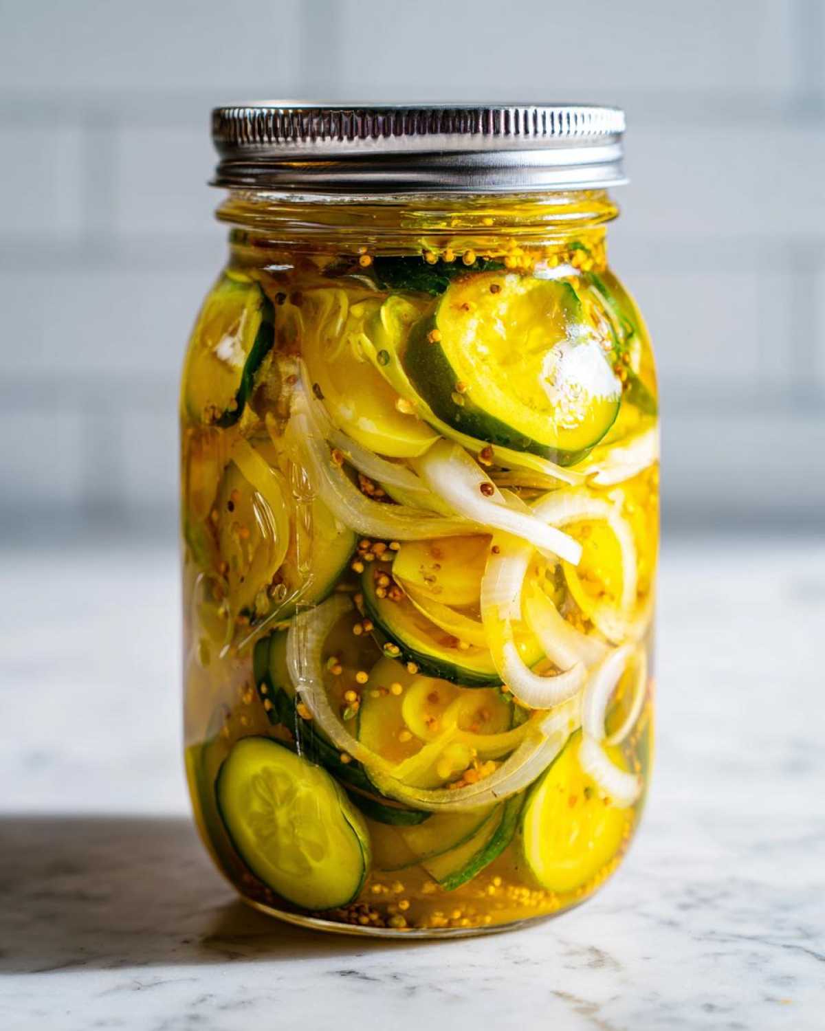 A clear glass mason jar filled with sliced bread and butter pickles, onions, and mustard seeds in a yellow brine.
