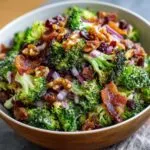 Close-up of a vibrant broccoli salad in a wooden bowl, featuring broccoli florets, crispy bacon, red onion, walnuts, and dried cranberries.