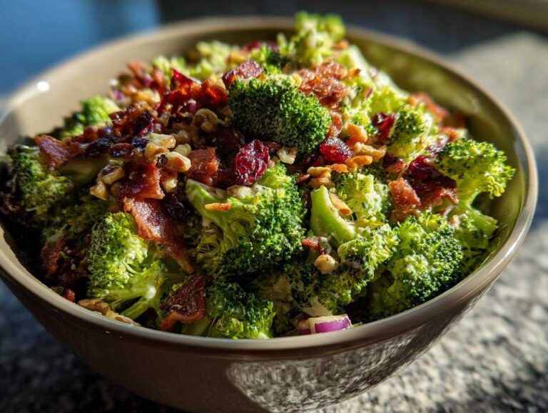 A close-up shot of a vibrant broccoli salad in a bowl, featuring green broccoli florets, crispy bacon bits, dried cranberries, and walnuts.