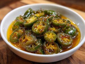 Close-up of a white bowl filled with vibrant green candied jalapenos in a glossy, amber-colored syrup, showing seeds and spices.