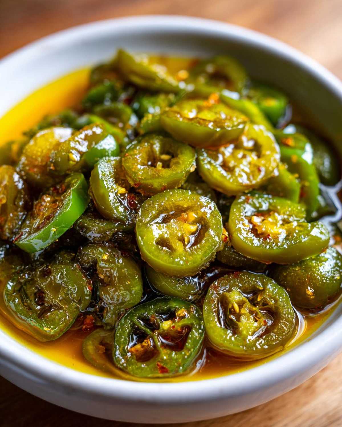 A white bowl filled with sliced green candied jalapenos, glistening in a sweet, spicy syrup.