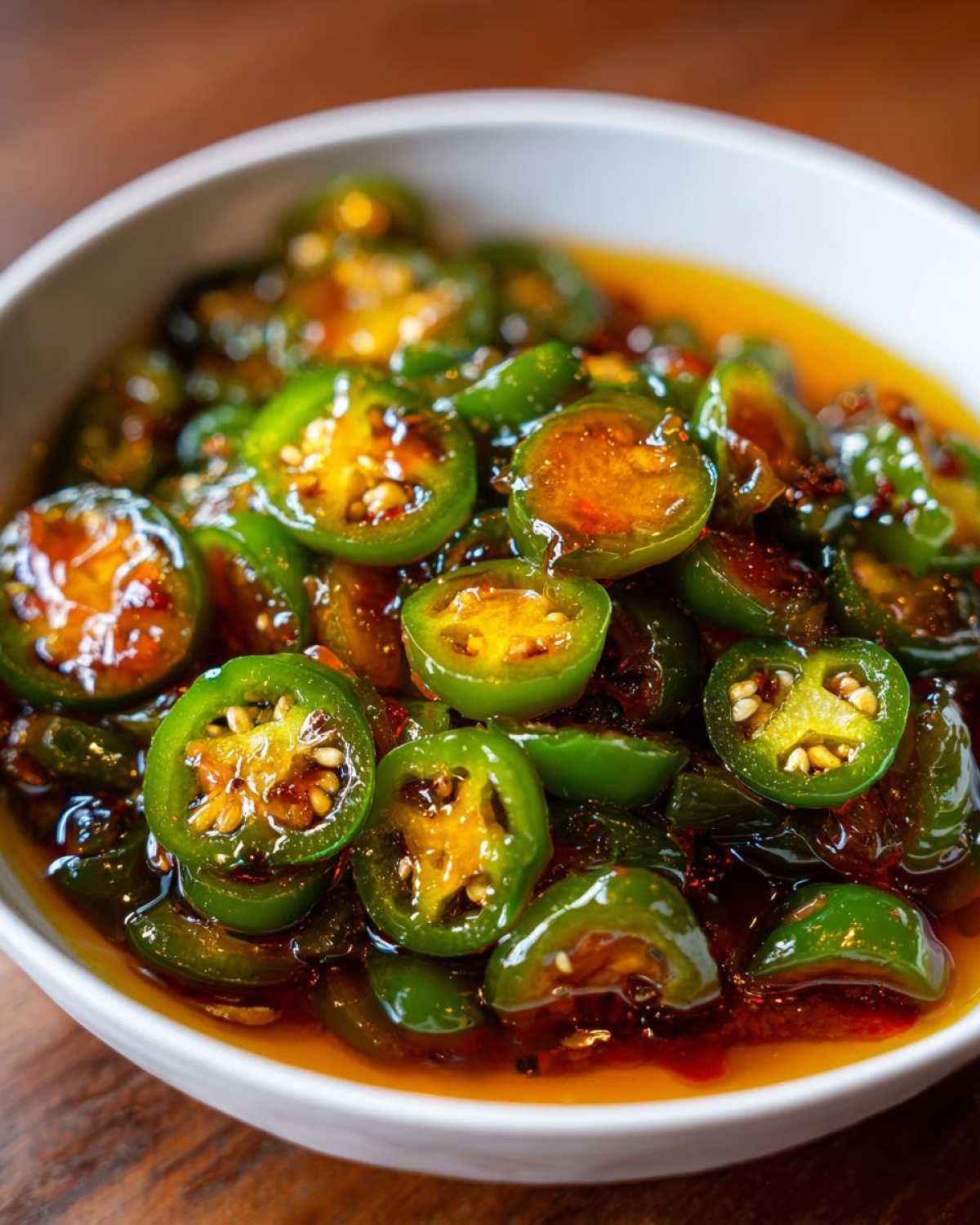 A close-up shot of vibrant green candied jalapenos in a white bowl, glistening with a sweet, reddish-brown syrup.
