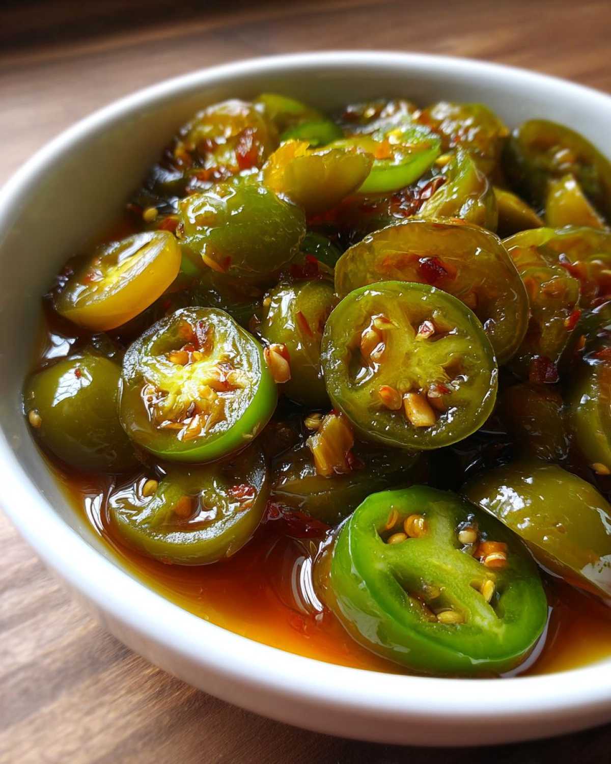 A close-up view of vibrant green candied jalapenos slices in a white bowl, submerged in a glossy, reddish-brown syrup.