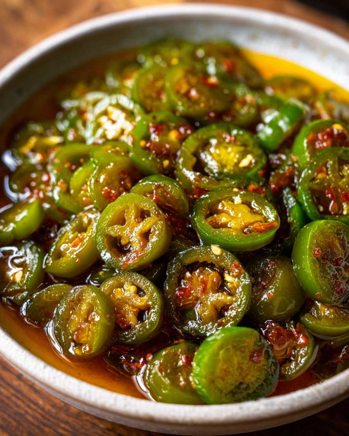 A close-up shot of vibrant green candied jalapenos slices in a white bowl, glistening in a sweet, spicy syrup.