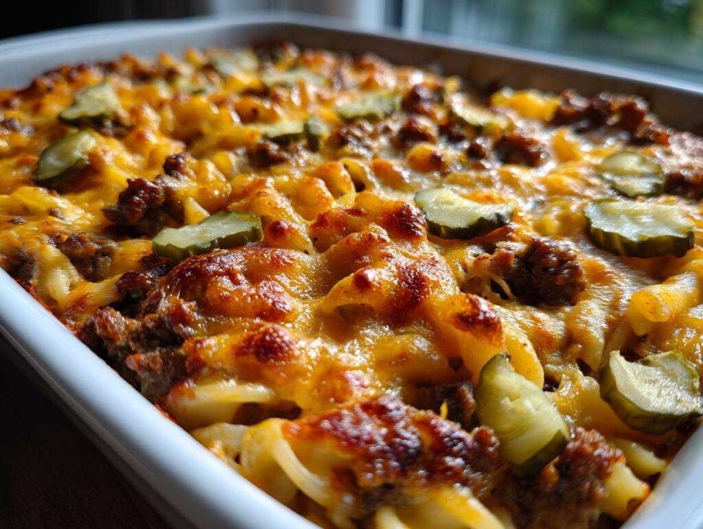 Close-up shot of a baked cheeseburger casserole in a white baking dish, showing melted cheese, ground meat, pasta, and pickle slices on top.