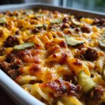 Close-up shot of a baked cheeseburger casserole in a white baking dish, showing melted cheese, ground meat, pasta, and pickle slices on top.