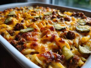 Close-up shot of a baked cheeseburger casserole in a white baking dish, showing melted cheese, ground meat, pasta, and pickle slices on top.