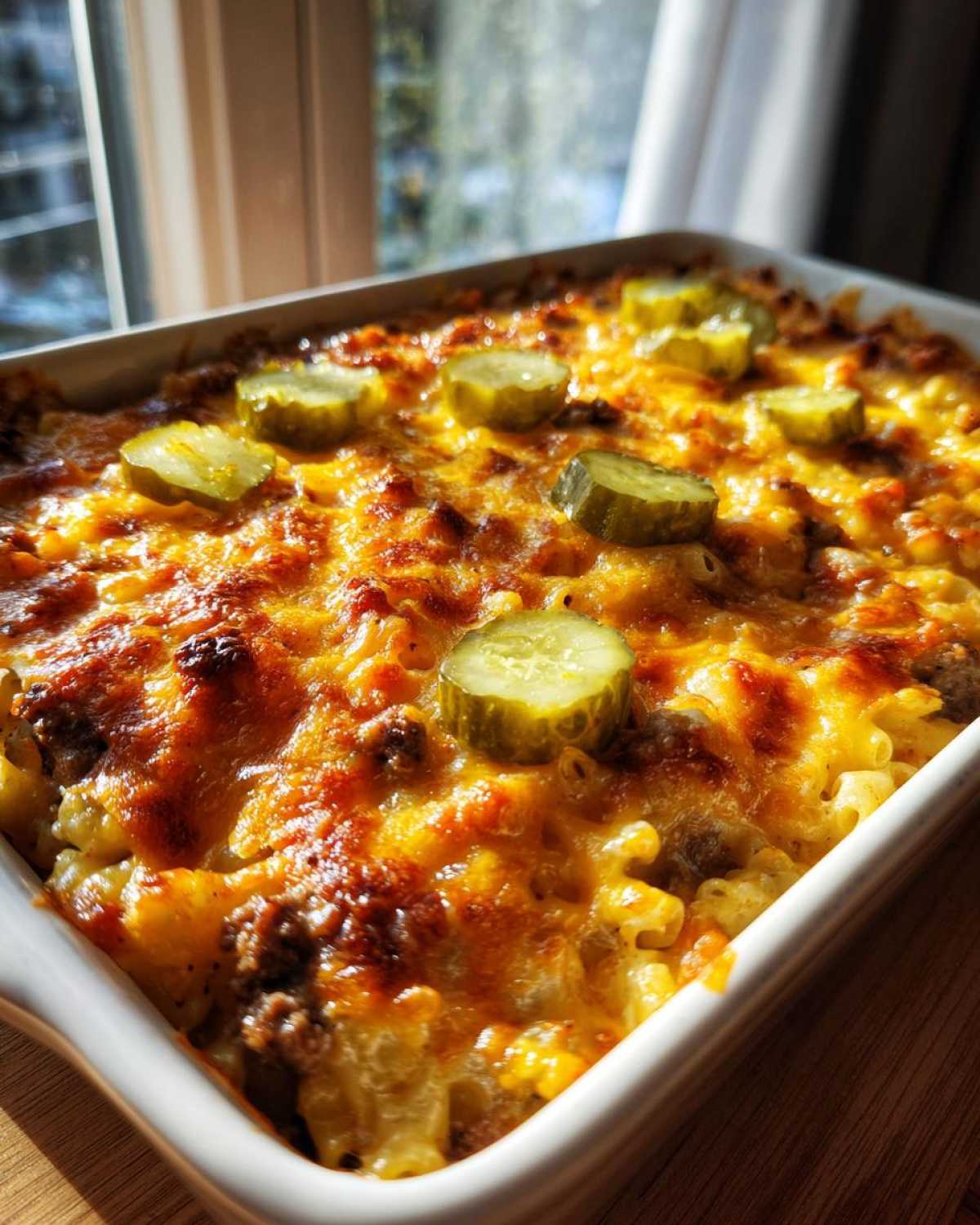 Close-up of a baked cheeseburger casserole in a white dish, topped with melted golden cheese and pickle slices.