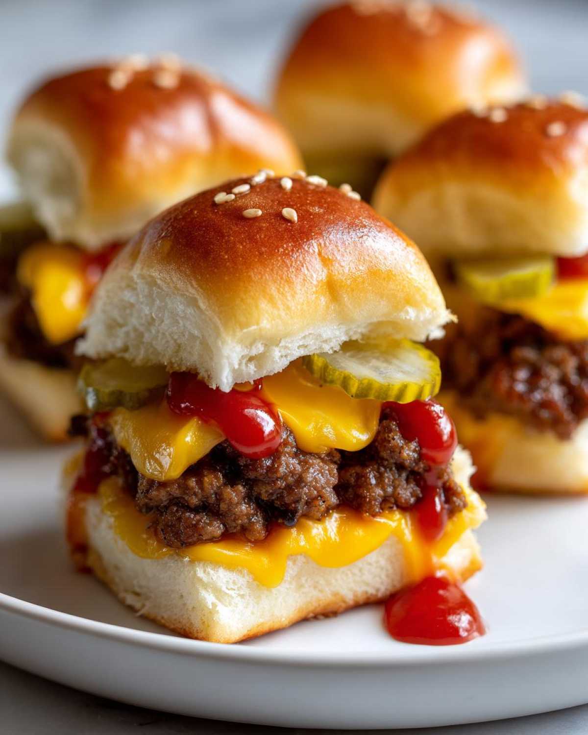 A close-up shot of a single cheeseburger slider with melted cheese, ground beef, pickles, and ketchup on a sesame bun.