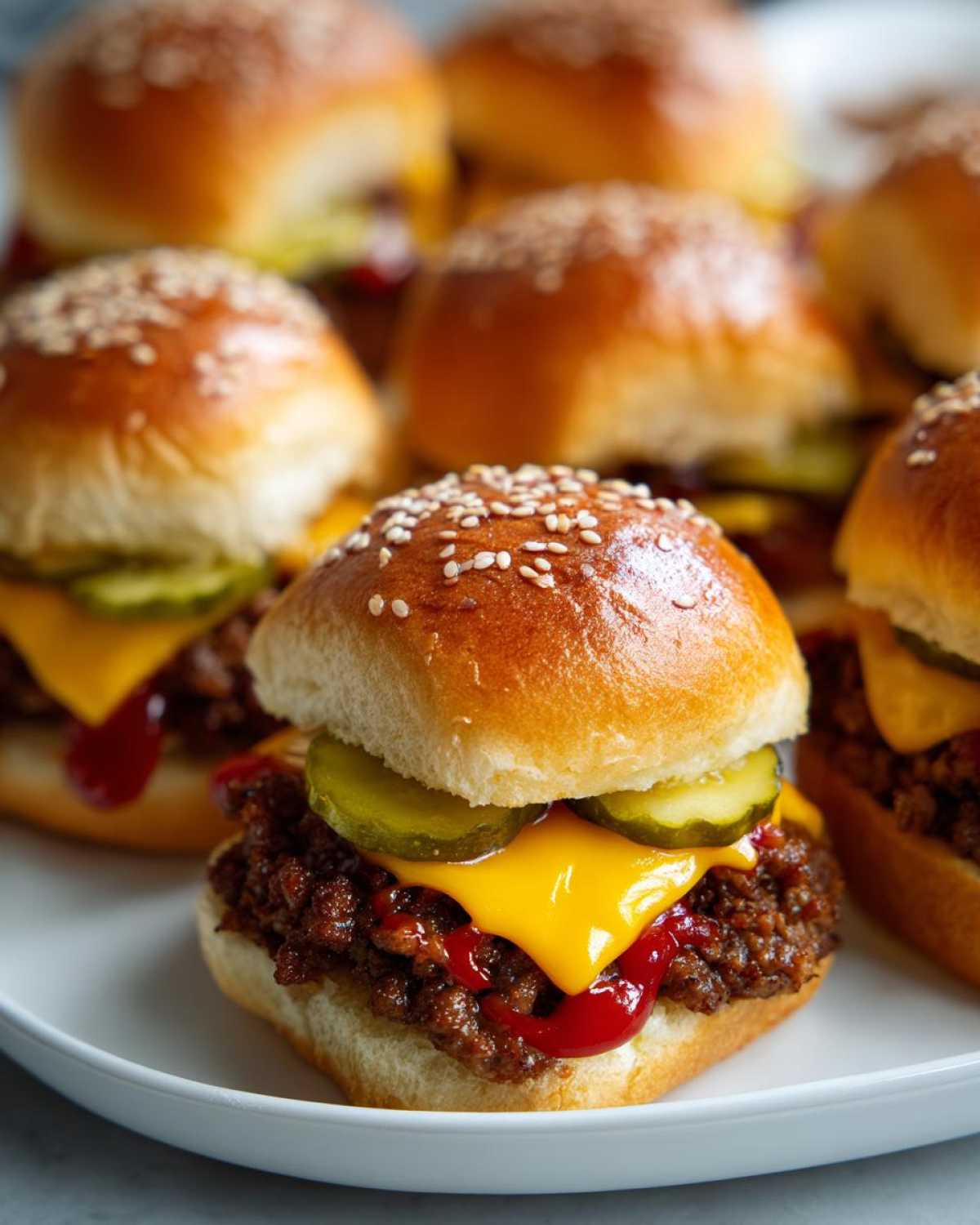 A close-up shot of a plate filled with several cheeseburger sliders, featuring juicy patties, melted cheese, pickles, and ketchup on sesame seed buns.