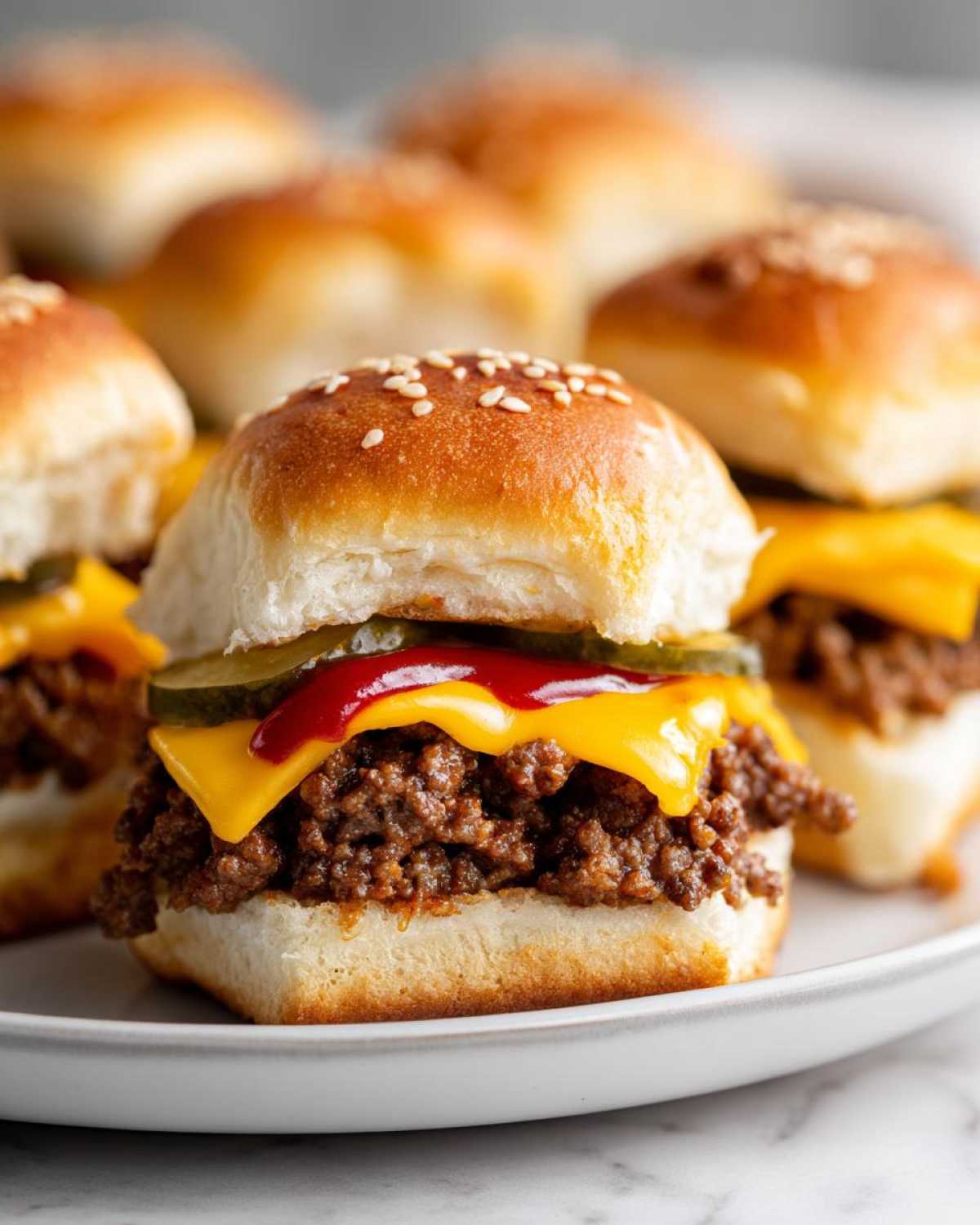 Close-up of a plate of homemade cheeseburger sliders with ground beef, melted cheese, pickles, and ketchup on sesame seed buns.