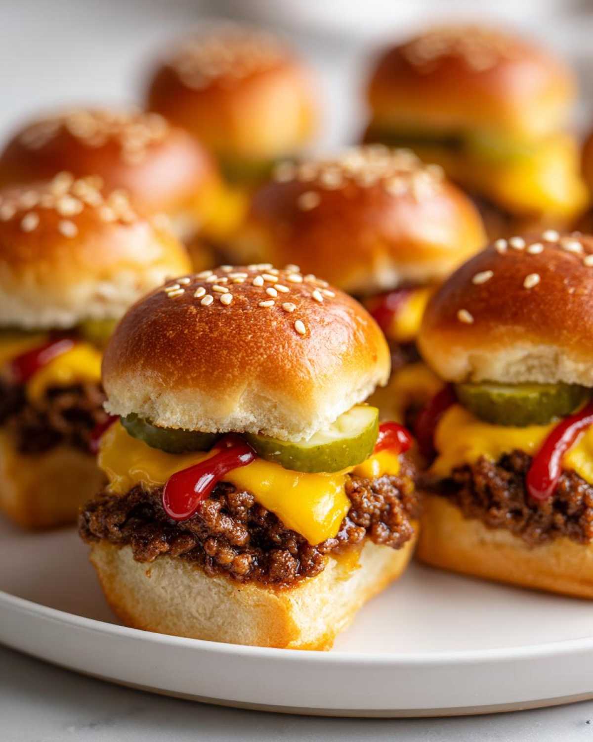 A close-up shot of several cheeseburger sliders on a white plate, topped with cheese, pickles, and ketchup.