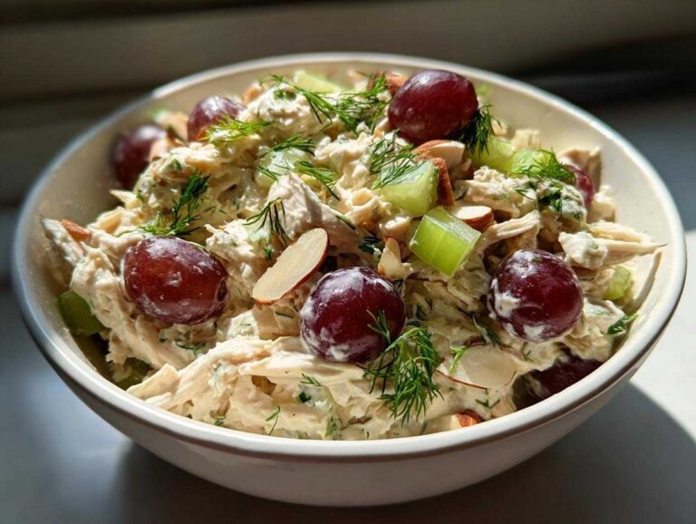 A close-up of a bowl of creamy chicken salad with red grapes, celery, sliced almonds, and fresh dill.