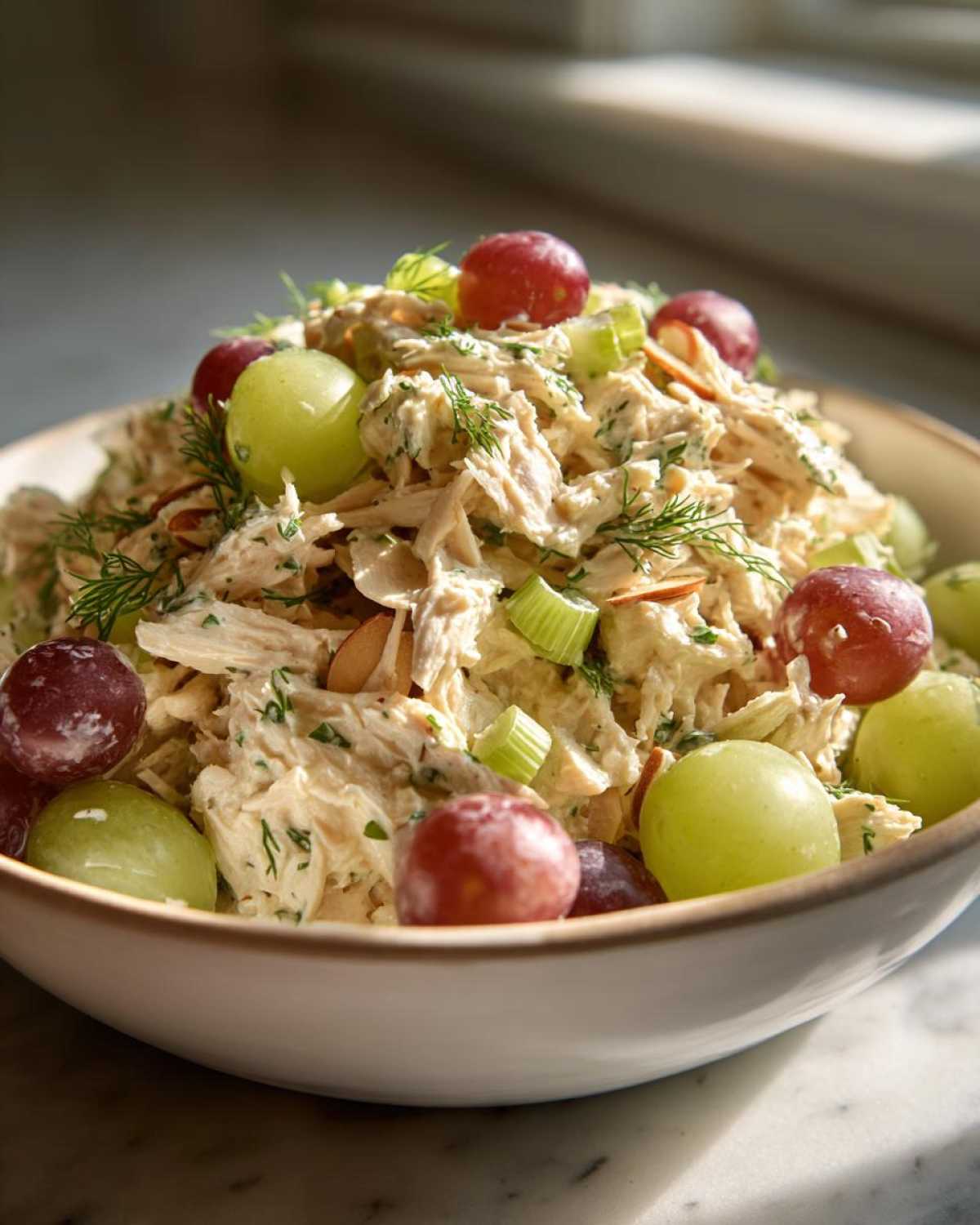 A close-up shot of a bowl of creamy chicken salad recipe, garnished with red and green grapes, celery, and fresh dill.