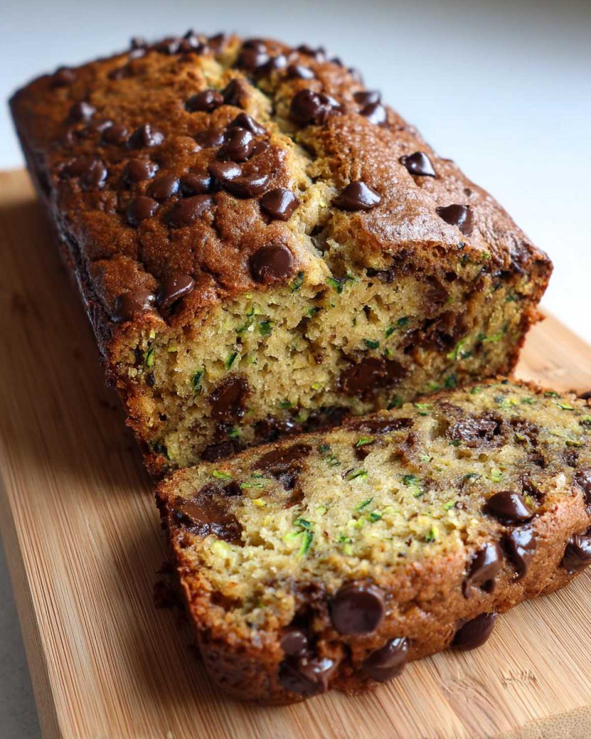 A golden-brown loaf of chocolate chip zucchini bread with a slice cut, showing melted chocolate chips and green zucchini flecks.