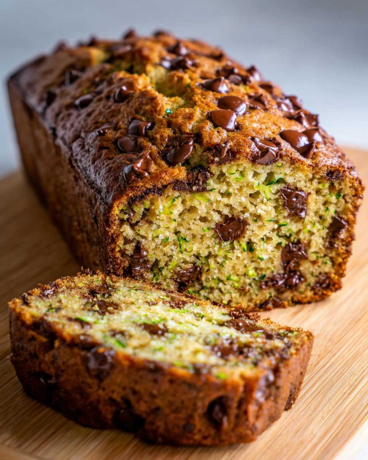 A delicious loaf of chocolate chip zucchini bread on a wooden cutting board with a slice cut and placed in front.