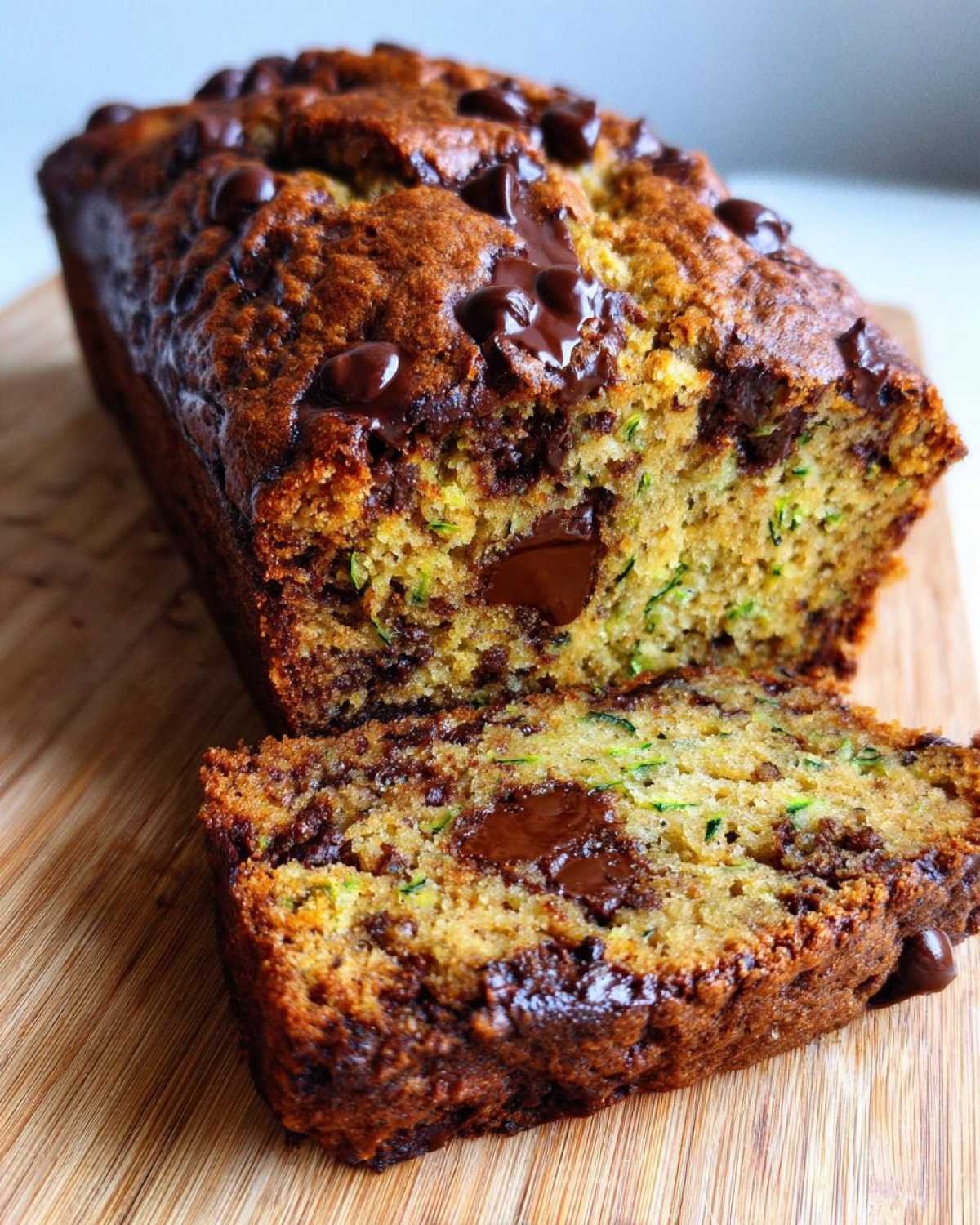 A freshly baked loaf of chocolate chip zucchini bread with a slice cut, showing melted chocolate chips and green zucchini flecks.