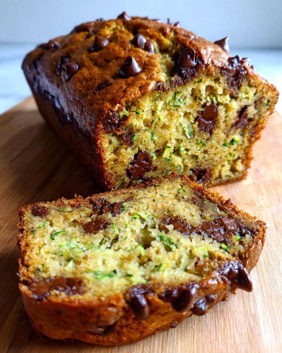 A freshly baked loaf of chocolate chip zucchini bread with a slice cut and placed in front, showing the moist interior.