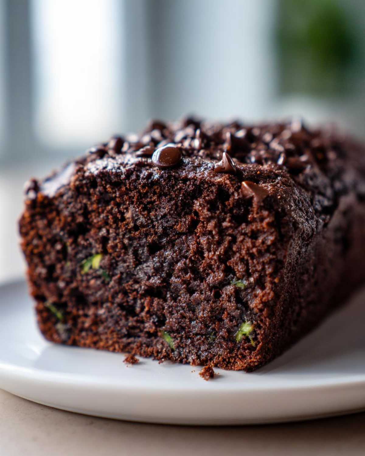 A close-up view of a freshly baked loaf of chocolate zucchini bread with chocolate chips on top, showing green zucchini flecks.